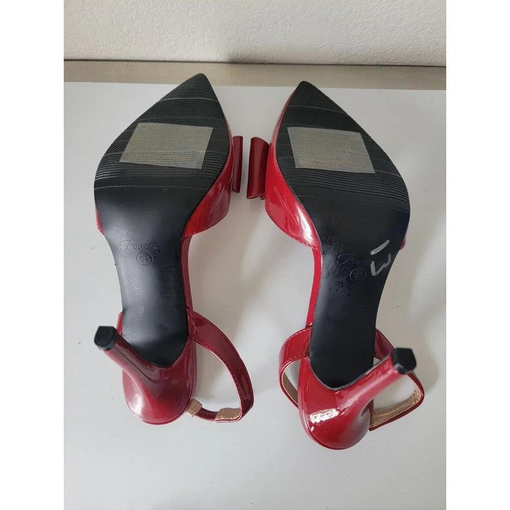 Forever Wome'n Red Patent Slingback Heels Size 9.5 Pointed Toe Bow Rhinestone